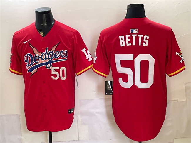 Men's Los Angeles Dodgers x One Piece #50 Mookie Betts Red Vapor Premier Limited Stitched Baseball Jersey
